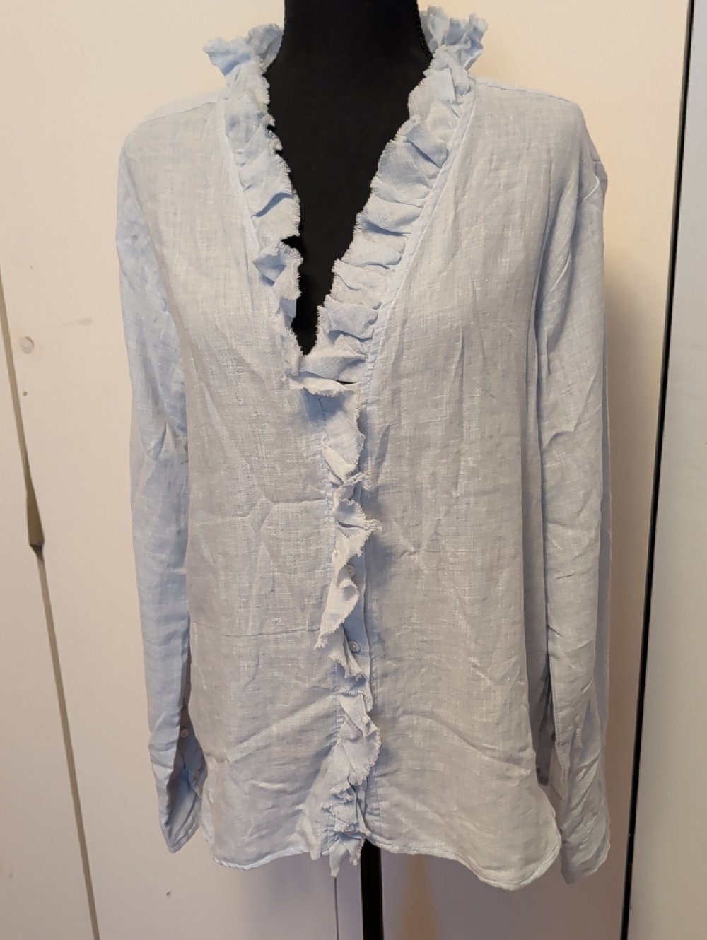 dylan Light Blue Ruffle Light Weight Button Front Top